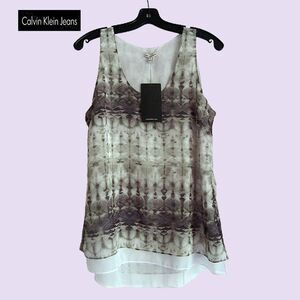 Calvin Klein Jeans NEW Bohemian Abstract Khaki Chiffon Scoop Lined Tank Top M